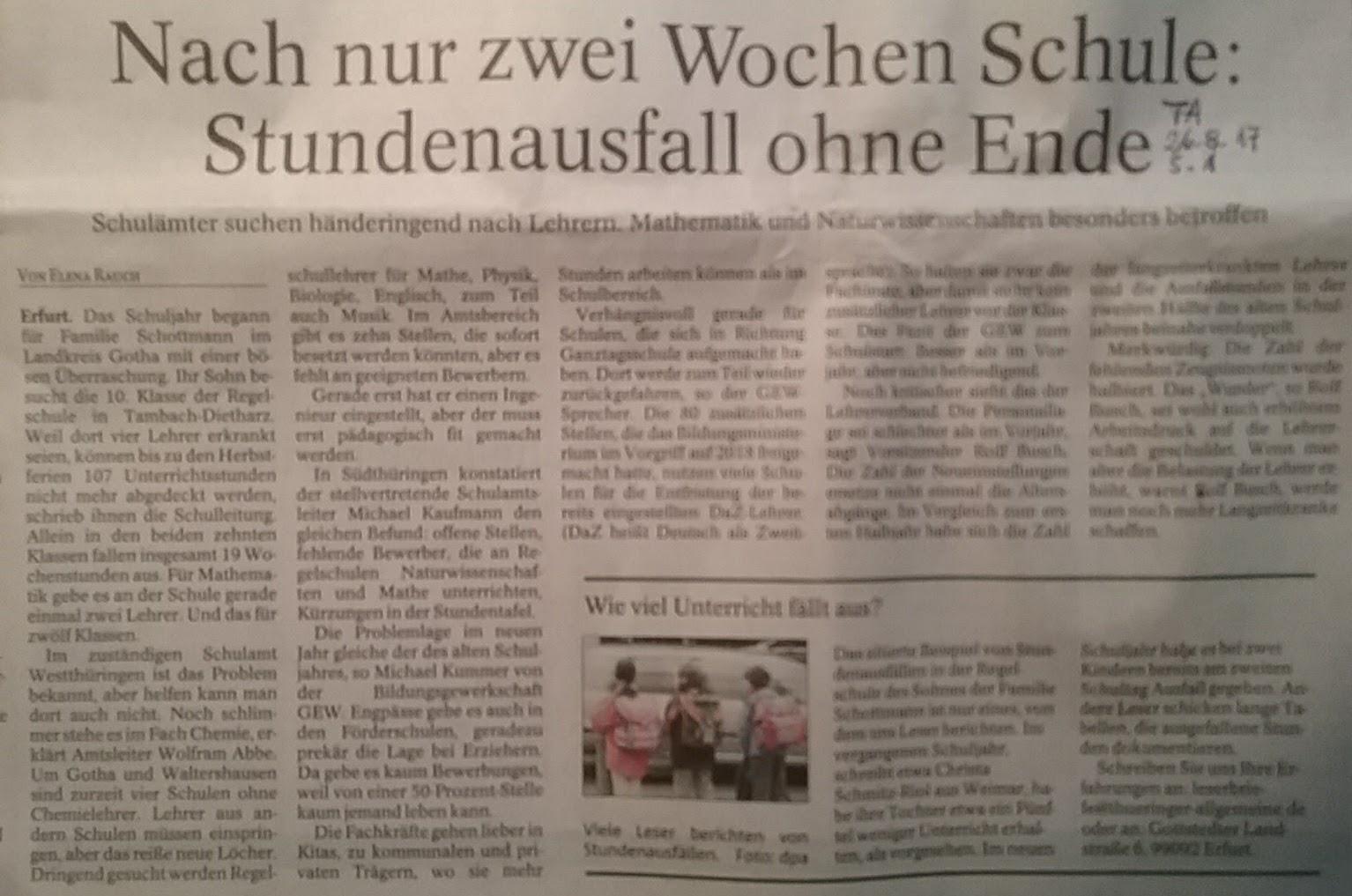 TA-Artikel über UnterrichtsAusfall 2017.08.26 1 Blog 30.08.17