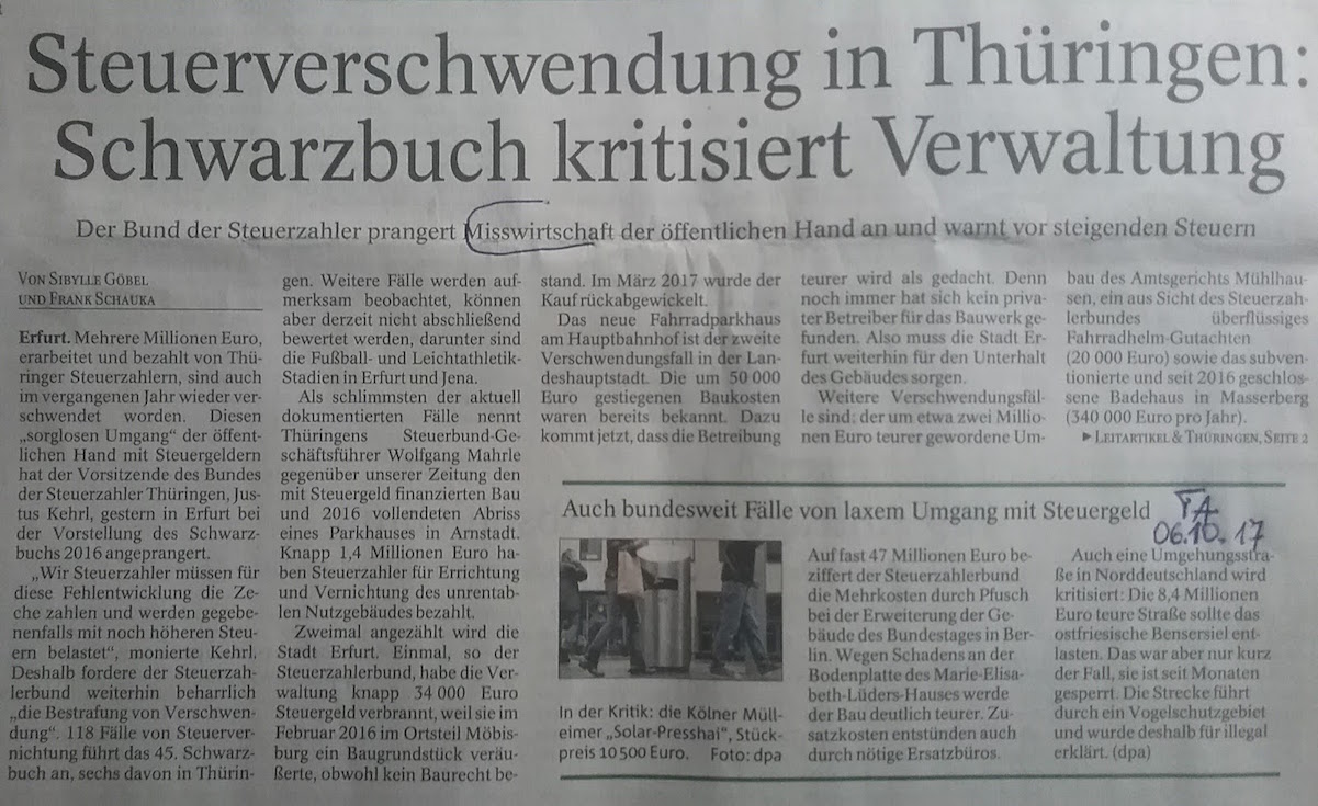 TA-Artikel über SteuerVerschwendung 2017.10.06 1 Blog 00.10.17