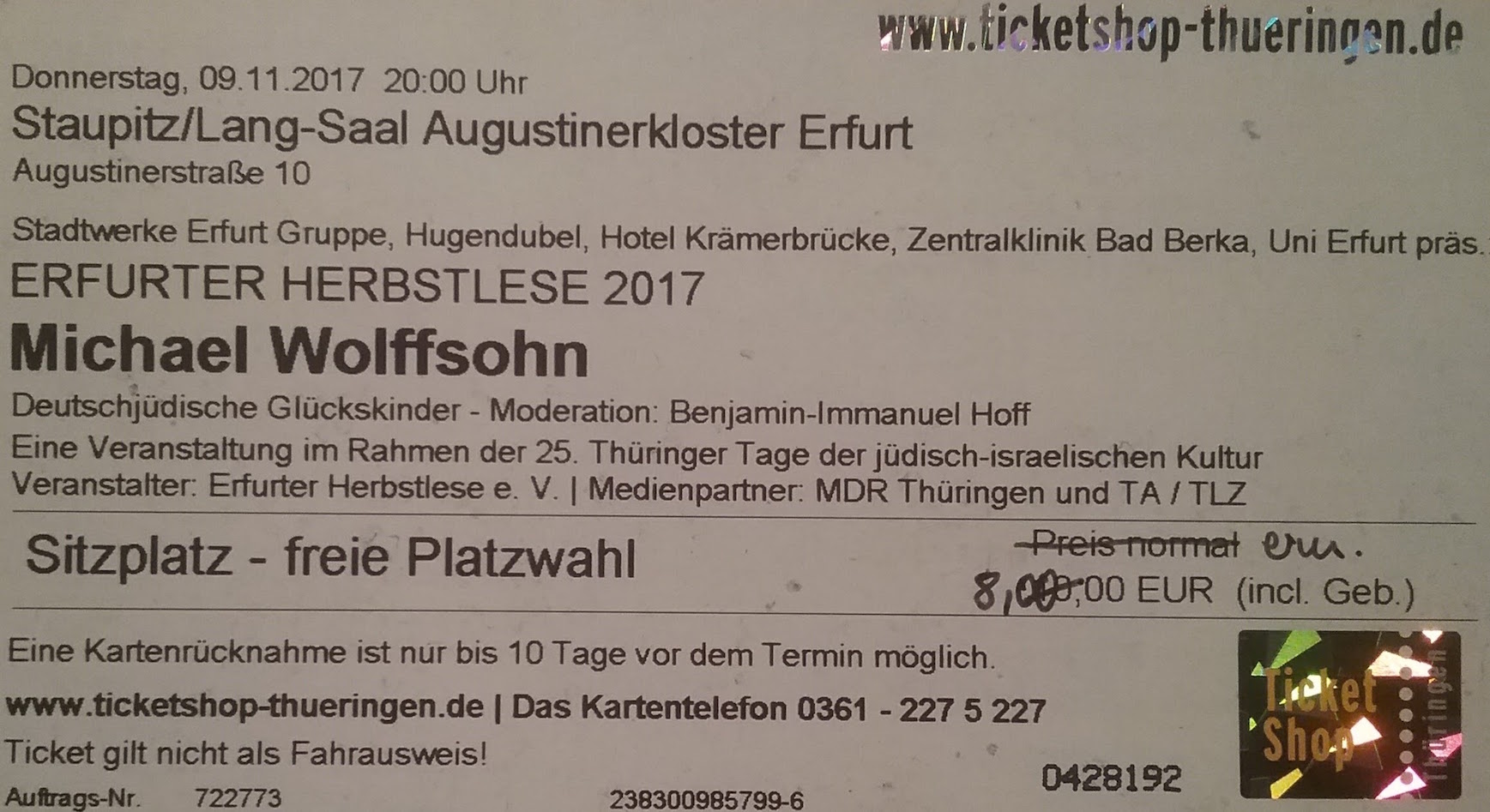 2017.11.09 001 Erfurter HerbstLESE M. Wolffsohn_Ticket