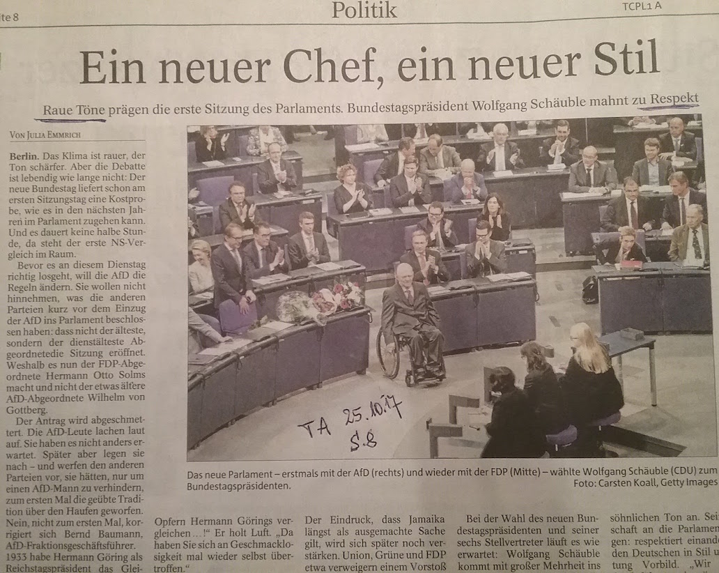 TA-Artikel über Konstituierung 19. Dtsch.Bundestag 2017.10.25 1 Blog 08.11.17