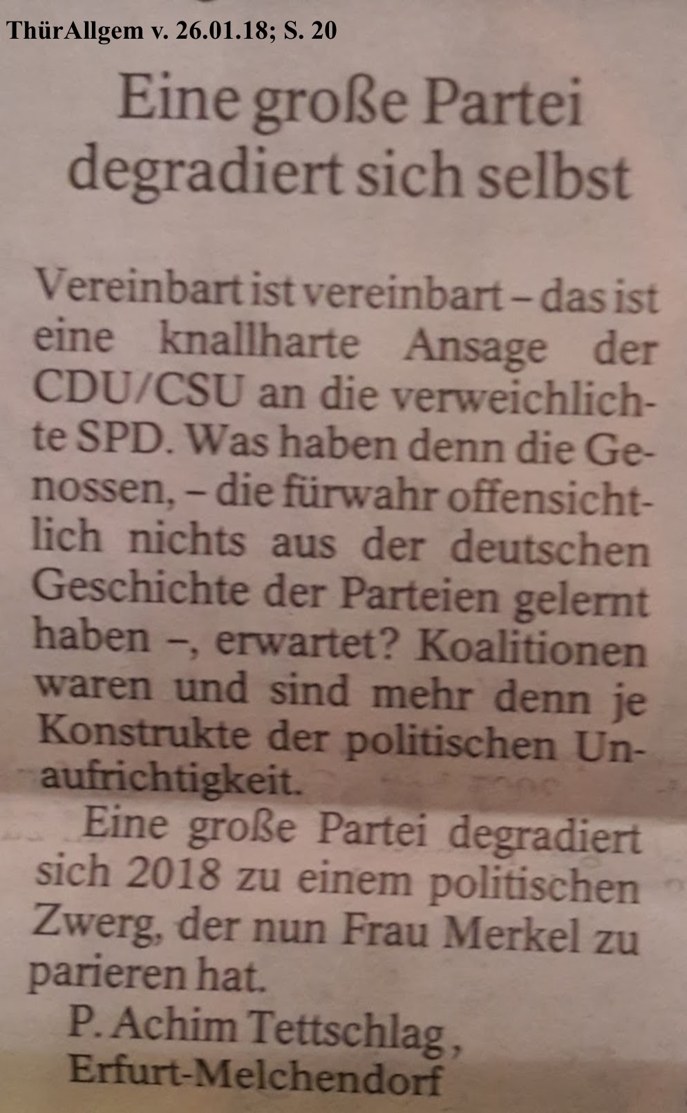 TA-Artikel zur CDU-Drohung an SPD 2018.01.23 2 Blog 29.01.18