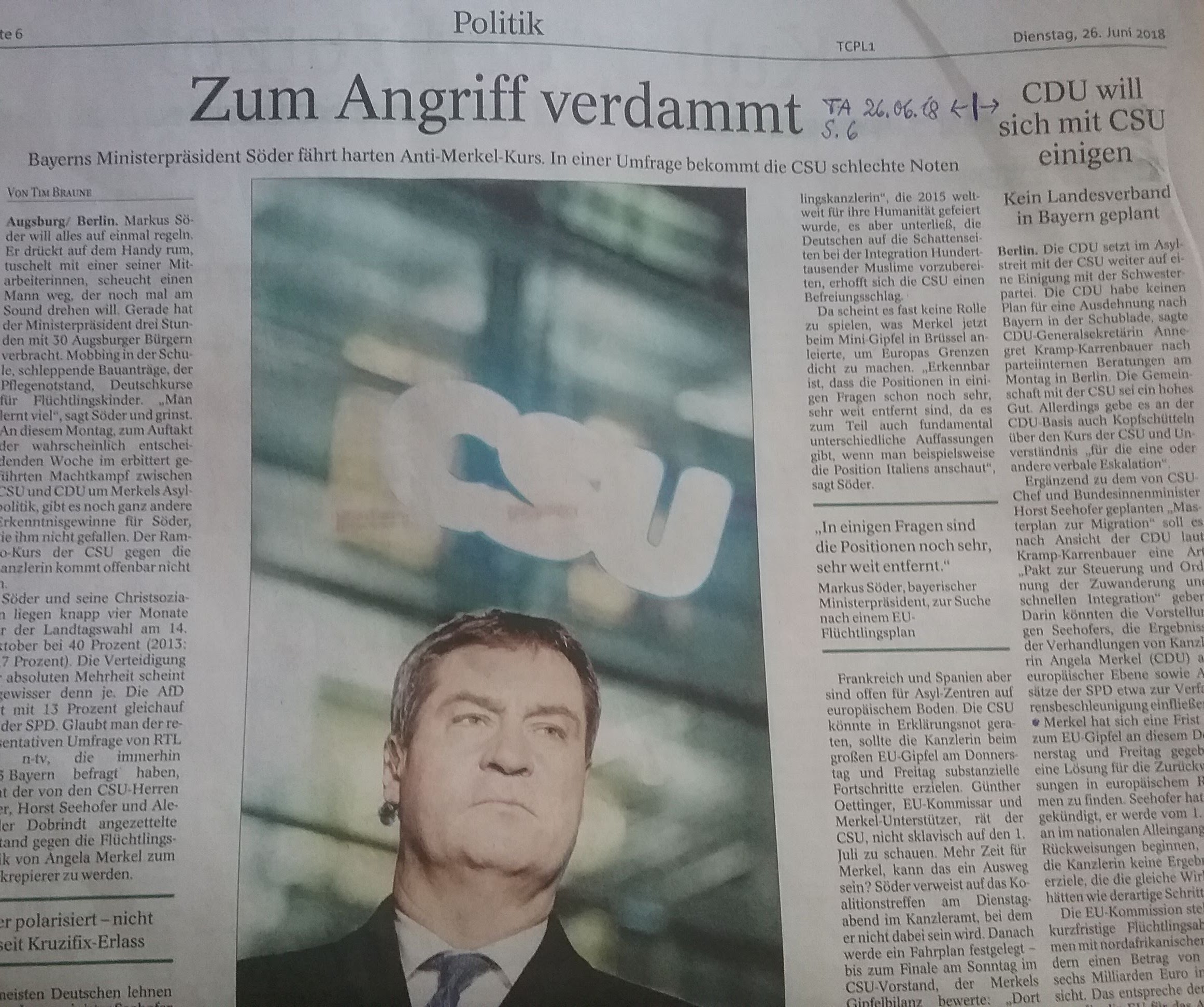 TA-Artikel über CDU-CSU-Streit Flüchtlingspolitik 2018.06.26 1 Blog 27.06.18