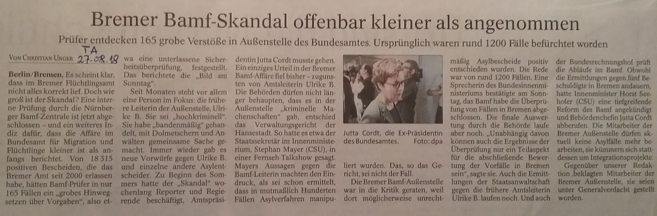 TA-Artikel über Bamf-Skandal in Bremen 2018.08.27 1 Blog 29.08.18