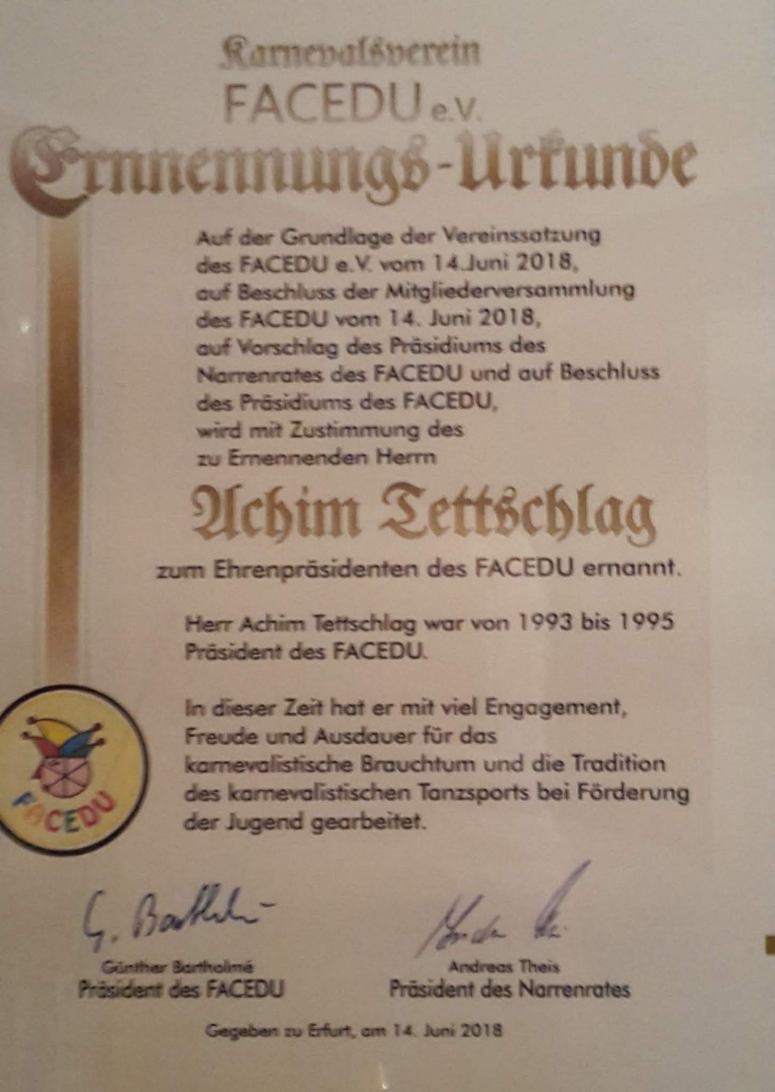 Karneval_FaCeDu - EhrenpräsidentenUrkunde 2018