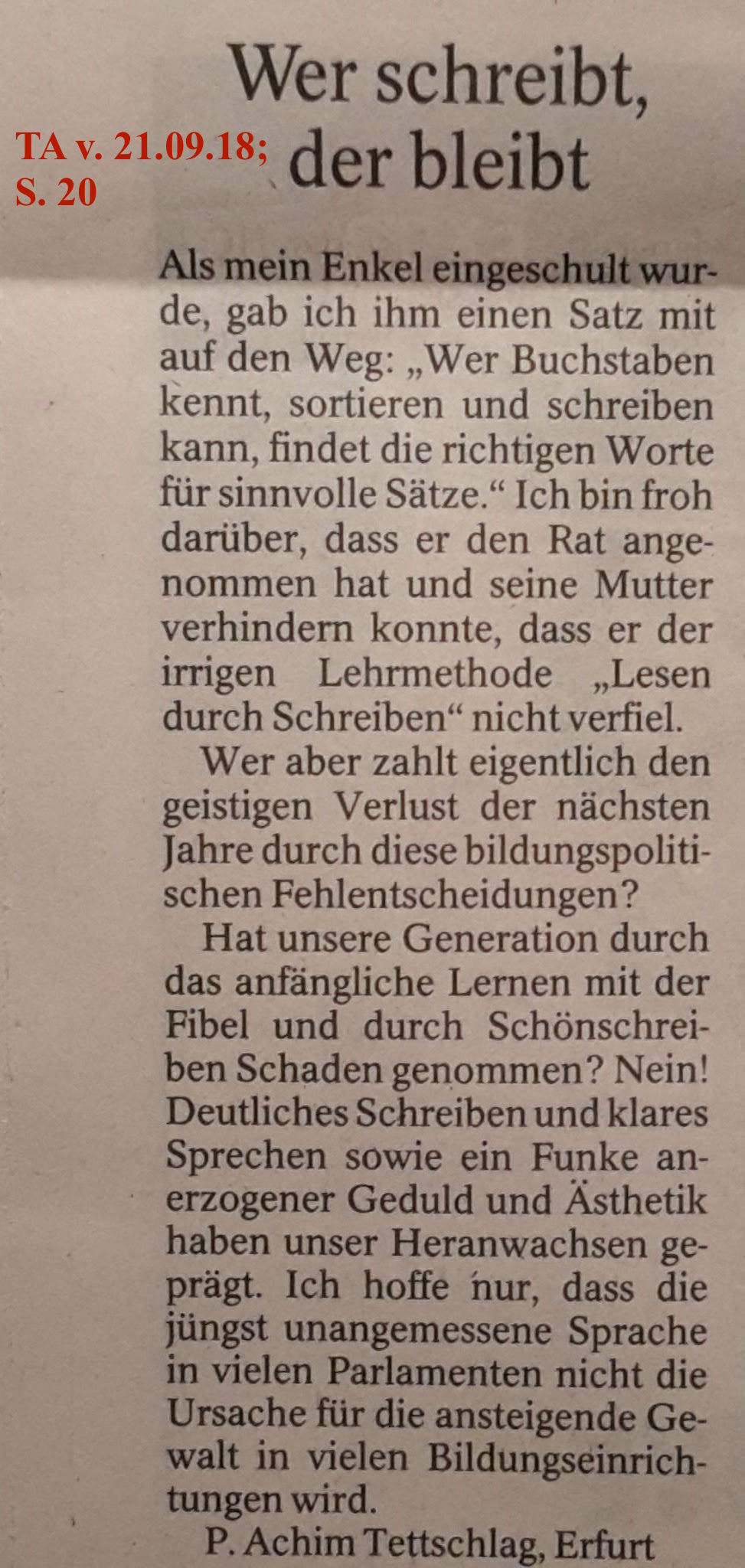 TA-Artikel über Schreibenlernen 2018.09.18 _2 Blog 21.09.18