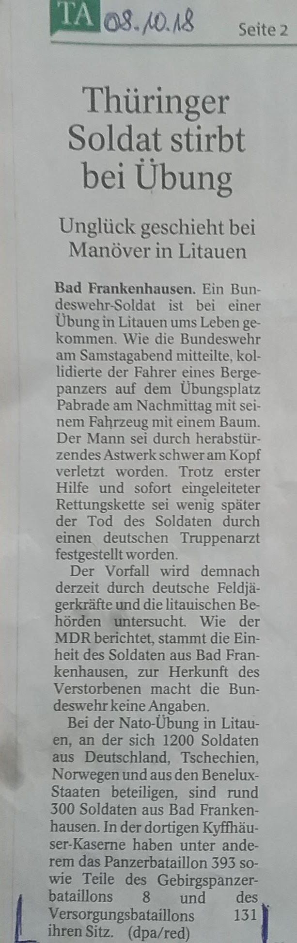 TA-Artikel zum Tod eines Soldaten 2018.10.09 1 Blog 091018