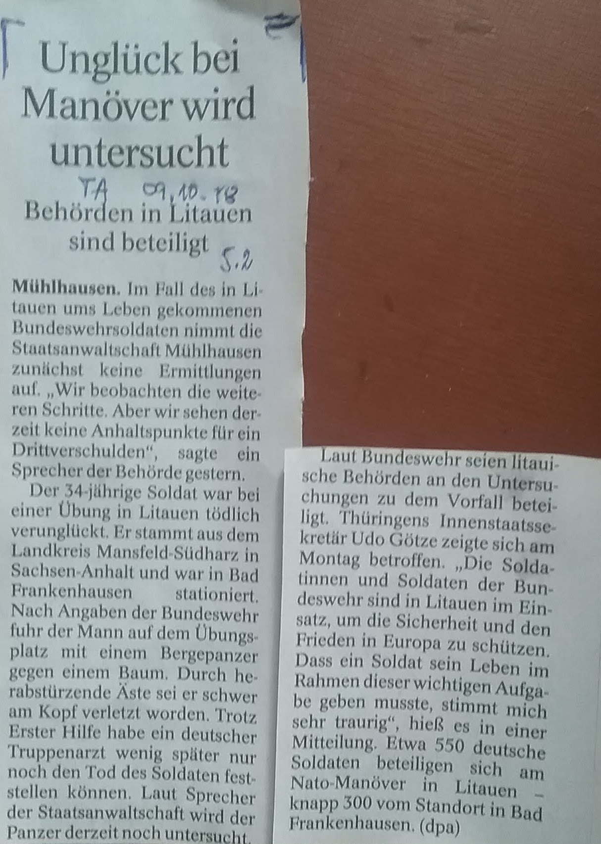 TA-Artikel zum Tod eines Soldaten 2018.10.09 2N Blog 091018