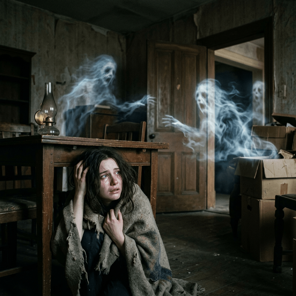 Distressed woman crouching under table with ghostly apparitions approaching in old room
