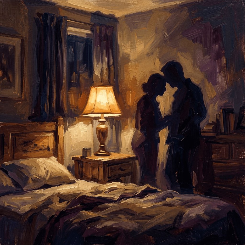 Painterly two shadow silhouettes leaning in bedroom lamplight