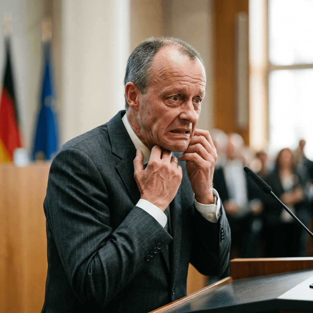 Nervous man in suit adjusting collar at podium during event